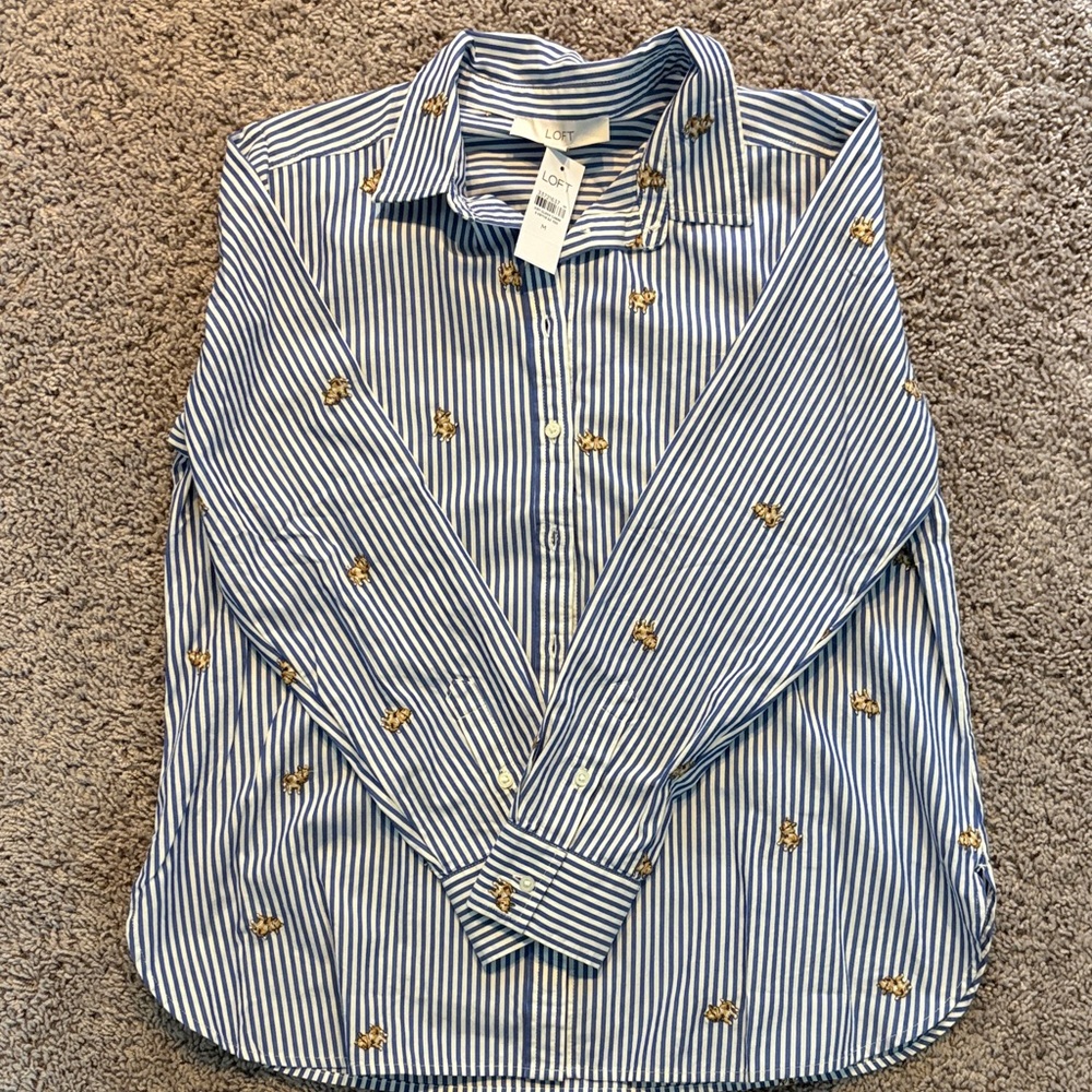 LOFT Blue and White Striped Shirt with Gold Embroidery